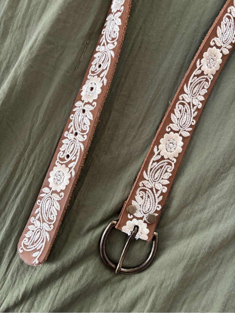 Women's Brown Leather Embroidered Belt with White Floral Detail Lucky Brand